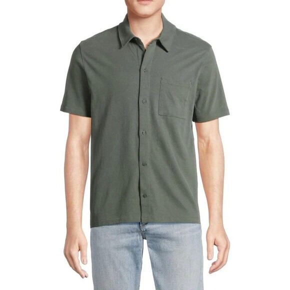 VINCE Shirt Mens XL Petrol Green Button Up Short Sleeve Suede Cotton Jersey $165 - Picture 1 of 9